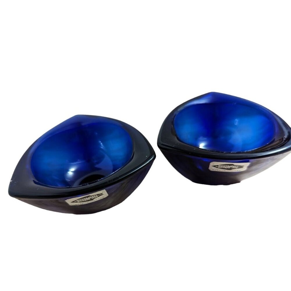 Nuutajarvi Finland glass cobalt blue tea voltive candle holders round triangle